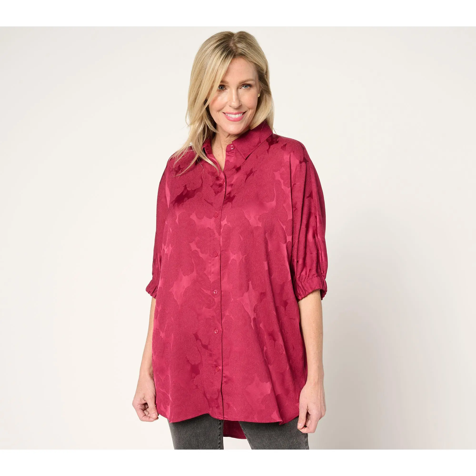 LOGO by Lori Goldstein Jacquard Button Front Shirt