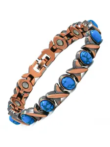 European and American fashion retro blue turquoise magnetic Exquisite High Quality Bracelet, antique red copper brushed creative zinc alloy couple's jewelry