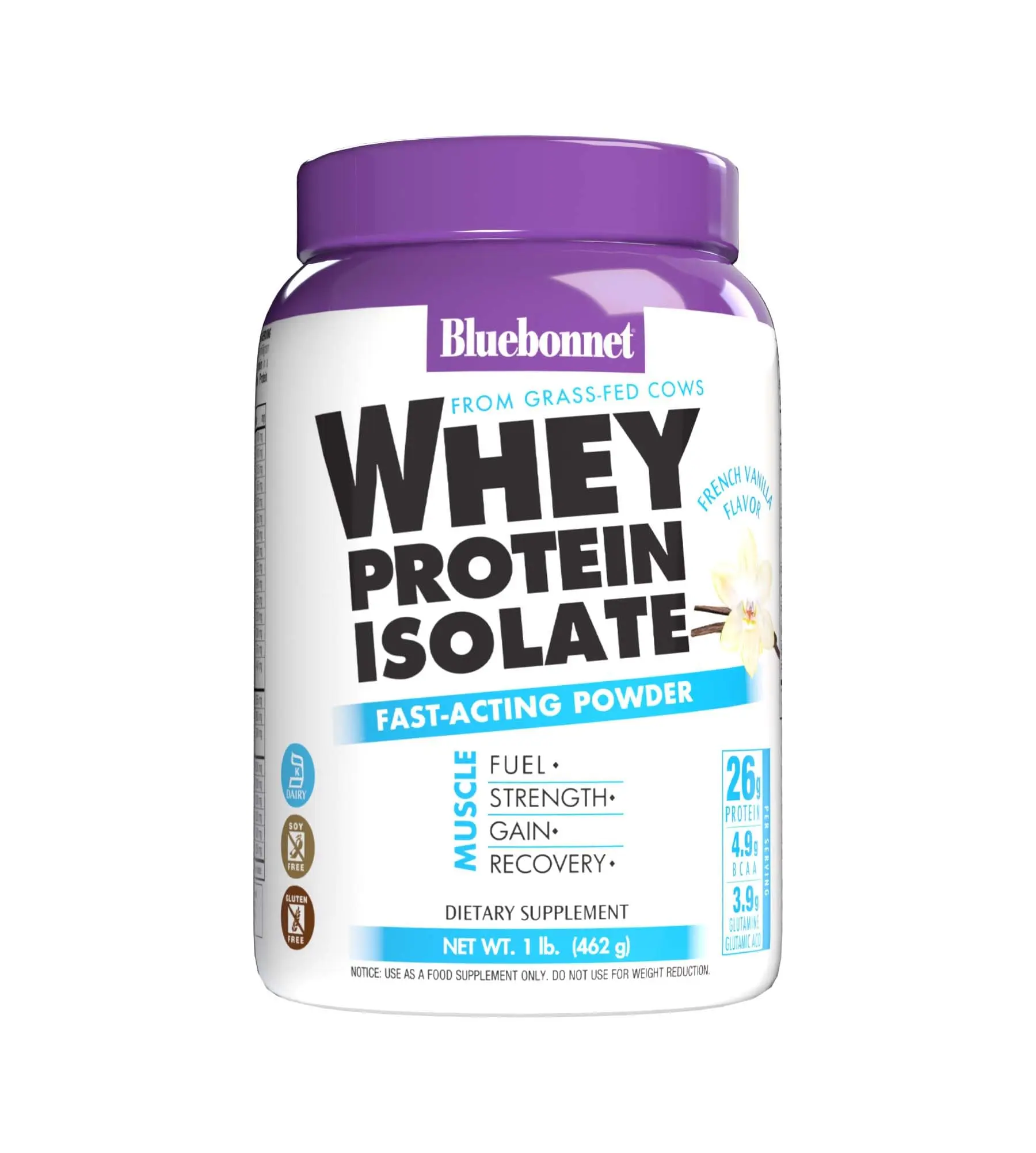 Bluebonnet Grass Fed Whey Protein Isolate 26 g Energy & Workout Recovery BCAA Amino Acids - Gluten-Free, Non-GMO, Soy-Free Vanilla Protein Powder for Women & Men - 14 Servings