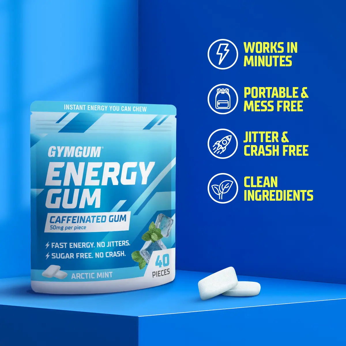 GYMGUM Energy Gum | 50mg Caffeine + L-Theanine | Sugar-Free Caffeine Chewing Gum | Fast Energy for Workout, Gaming, Studying & Work