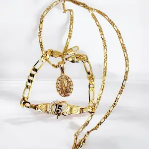 Quinceañera 15 Years Set 18k Gold Plated Chain Medal & Bracelet Virgin Mary Medallion with Sparkling Stones Perfect Gift for Her Big Day