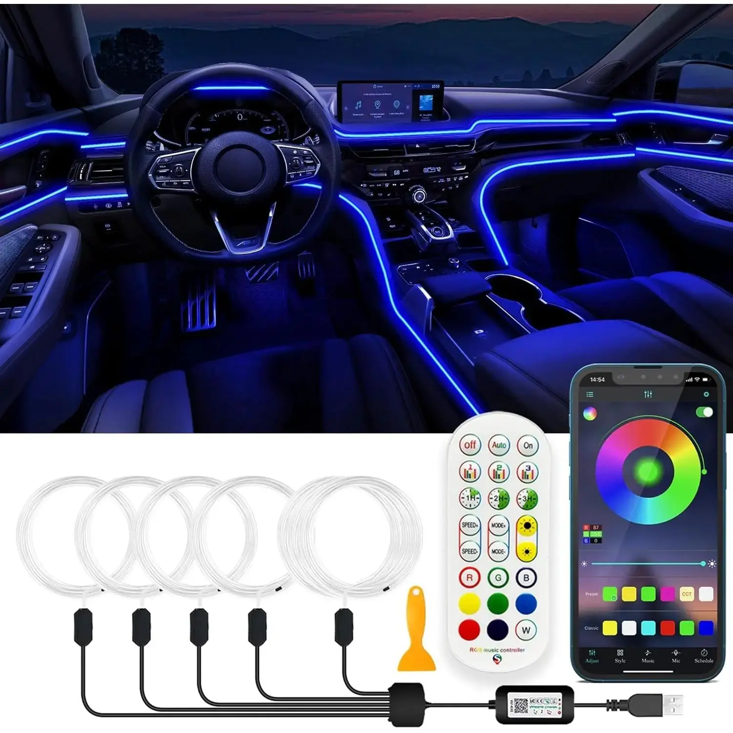 USB  LED Lights, Interior  Lights Strip with APP and RF Remote Control, 5 in 1 Ambient Lighting with 276 inches Fiber Optic  Sync Simple Installation EL Wire Lights (5 in 1/276 inches)