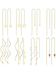 Stylish 8 Pairs Golden Long Chain Threader Earrings Set Versatile Earrings Trendy Stainless Steel Dangle Earrings for Women Men Cute Star Tassel Pull Through Dangle Drop Earrings Lightweight Long Chain Earrings