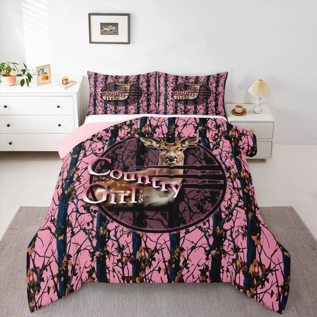 Hunting Deer Comforter Set,Pink Camo Rustic Bedding Set,for Girls Boys Kids,Cabin Lodge Farmhouse Quilt Bed Set,Camouflage Hunter Room Decor,Lightweight