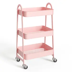 3 Tier Metal Rolling Storage Cart with Locking Wheels, Mobile Shelving Unit Utility Rolling Cart for Office, Bathroom, Kitchen, Laundry Room & Narrow Spaces Organizer Racks