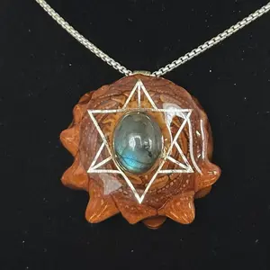 Labradorite Third Eye Pinecone Pendant with Silver Foil Star Design Festival EDM Jewelry 1.75" x 1.75" Genuine Stone Epoxy Finish
