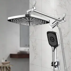 12 Inch Rainfall Fixed Shower Head/Handheld Shower Head Combo Height/Angle Adjustable Top Spray Wall-Mount Shower Set 3+1 Settings Handheld Top Spray Showerhead with Extension Arm
