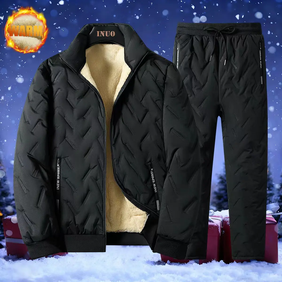 Men's Fashion 2-Piece Thick Autumn/Winter Long Sleeve Sports Clothing Sets - Hooded Cashmere Cotton Stand Collar Cardigan Jacket, Straight Leg Pants with Soft Polyester Lining, Ideal for Gym, Outdoor Activities, Christmas Gift, Clothes