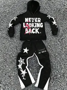 Men's Casual Hooded Sweatshirt Set, Colorblock Long Pants Two-Piece, Star Letter Graphic Print, Fashion Streetwear