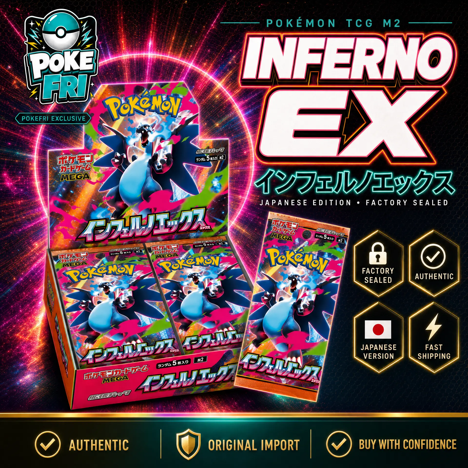 Sealed Japanese Pokémon TCG Inferno X M2 Booster Box - Mega Era, Fire/Dark Theme, Chase Pulls, Mega Charizard X ex the Inferno X M2, Evolution Focused, Mega Evolutions