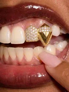 Silver Gold Teeth Grillz for Women Men Dental Grillz Grills Silver Tooth Cap Grillz Golden Tooth Jewelry CZ Diamond Tooth Gem Mouth Grills Men Hip Hop Outfits Custom Accessory Metallic