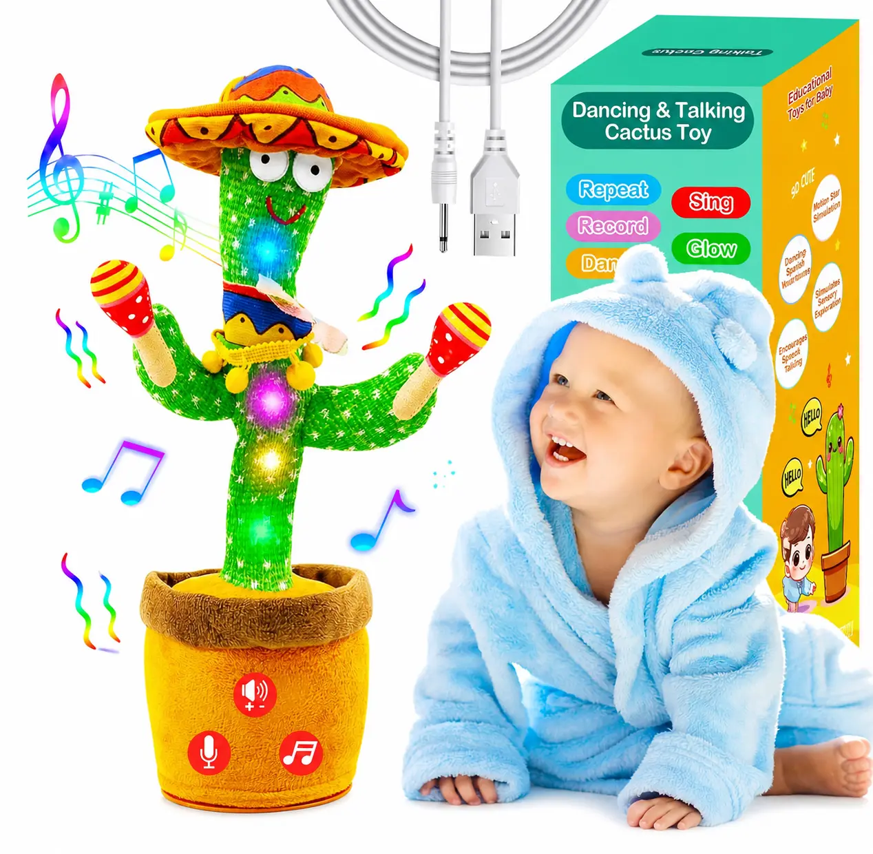 Unisex Plush Fabric Rechargeable Talking Dance Cactus Toy - Baby Sound Toy with Colorful Lights, Adjustable Volume, Speech Mimicry, Singing for 3 Months-8 Years Old, Birthday/Christmas Gifts for Grandkids, Adjustable Vol., Mimic Voice, Soft Plush