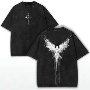 Men's Oversized Gothic Angel Wings Graphic T-Shirt - Washed Heavy Cotton, Classic Vintage Streetwear, Valentine's Day Apparel