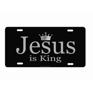 Jesus is King novelty front license plate Decorative vanity aluminum car tag grey on black