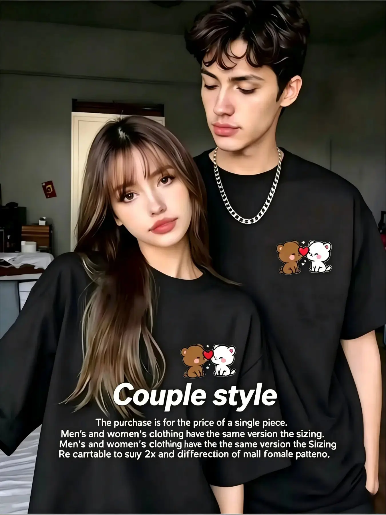 Women's Printed Round-Neck Oversized Casual Short-Sleeve Cotton Apparel - Unisex Cartoon Couple Graphic T-Shirts for Him and Her, Ideal for Date Wear, Fabric