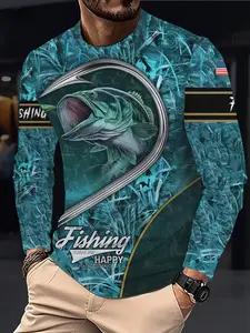 Men's Fishing Pattern Letter Print Round Neck Long Sleeve T-Shirt, Casual Fashion Outdoor Street Sport Activewear Top, Spring & Fall, Outdoor Sportswear