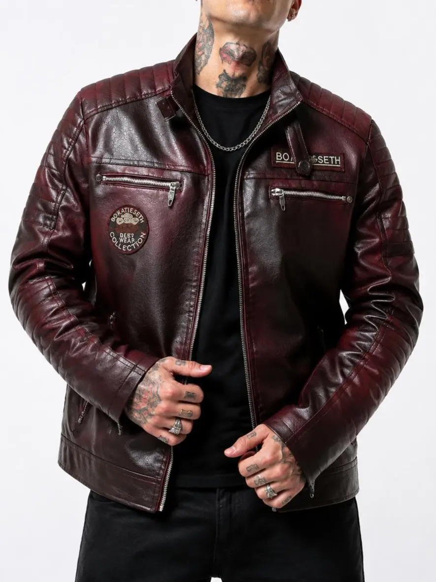 Men's Woven Biker Jacket, Burgundy PU Leather Long Sleeve Fashion Tops for Casual Menswear with Multiple Zippers, Fitted