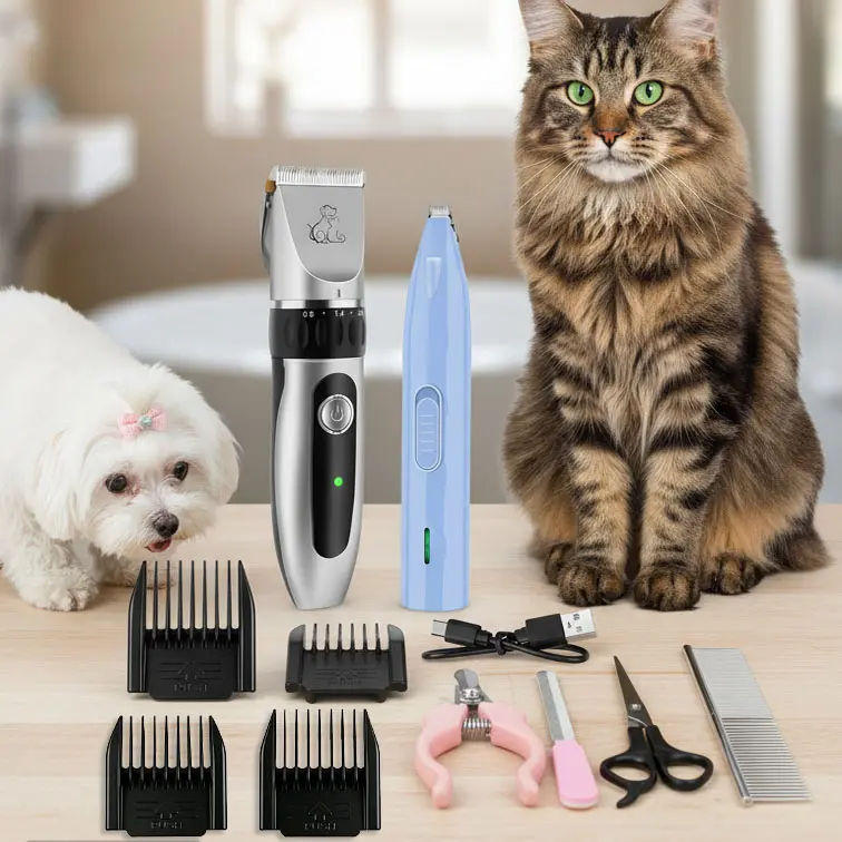Professional grooming and hair styling set for cats and dogs, low-noise dual-speed quiet pet grooming kit, rechargeable cordless pet clipper and shaver, suitable for small and large dogs, cats, and other animals