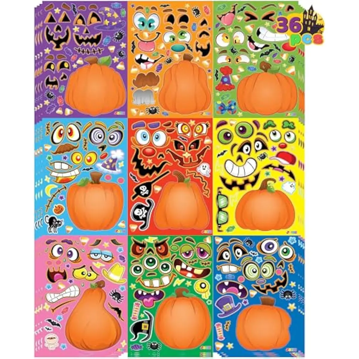 36 PCS Halloween Pumpkin Stickers, Party Favor for Kids, Art Crafts Party Supplies, Pumpkin Decorating Face Sticker Sheets with 9 Designs, Halloween Goodies Classroom Activities Games