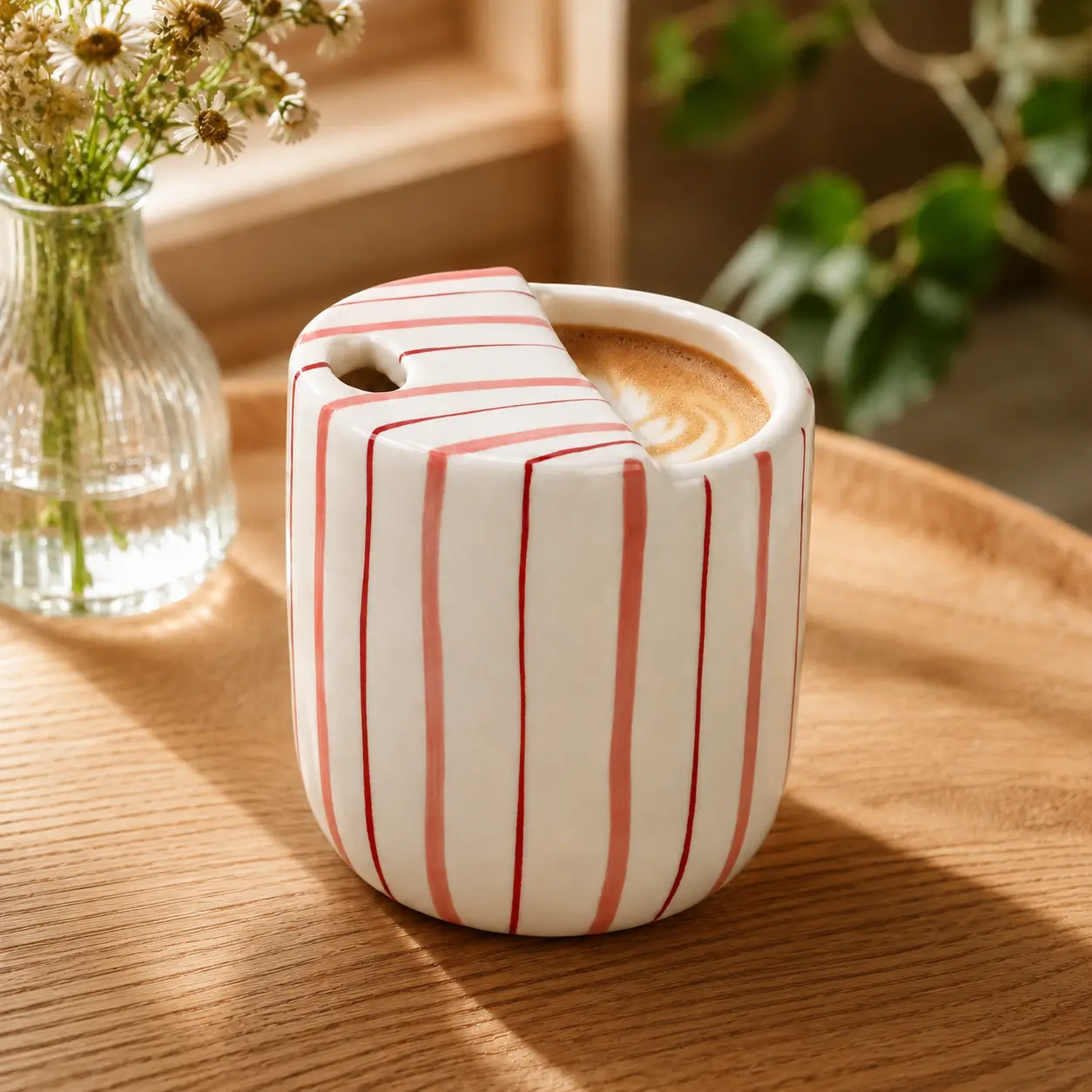 10oz (300ml) Round Pink Striped Ceramic Travel Mug with Lid, Lead-Free, Microwave-Safe, Dishwasher-Safe, Reusable, Cute Women’s Gift for Coffee Tea Lovers