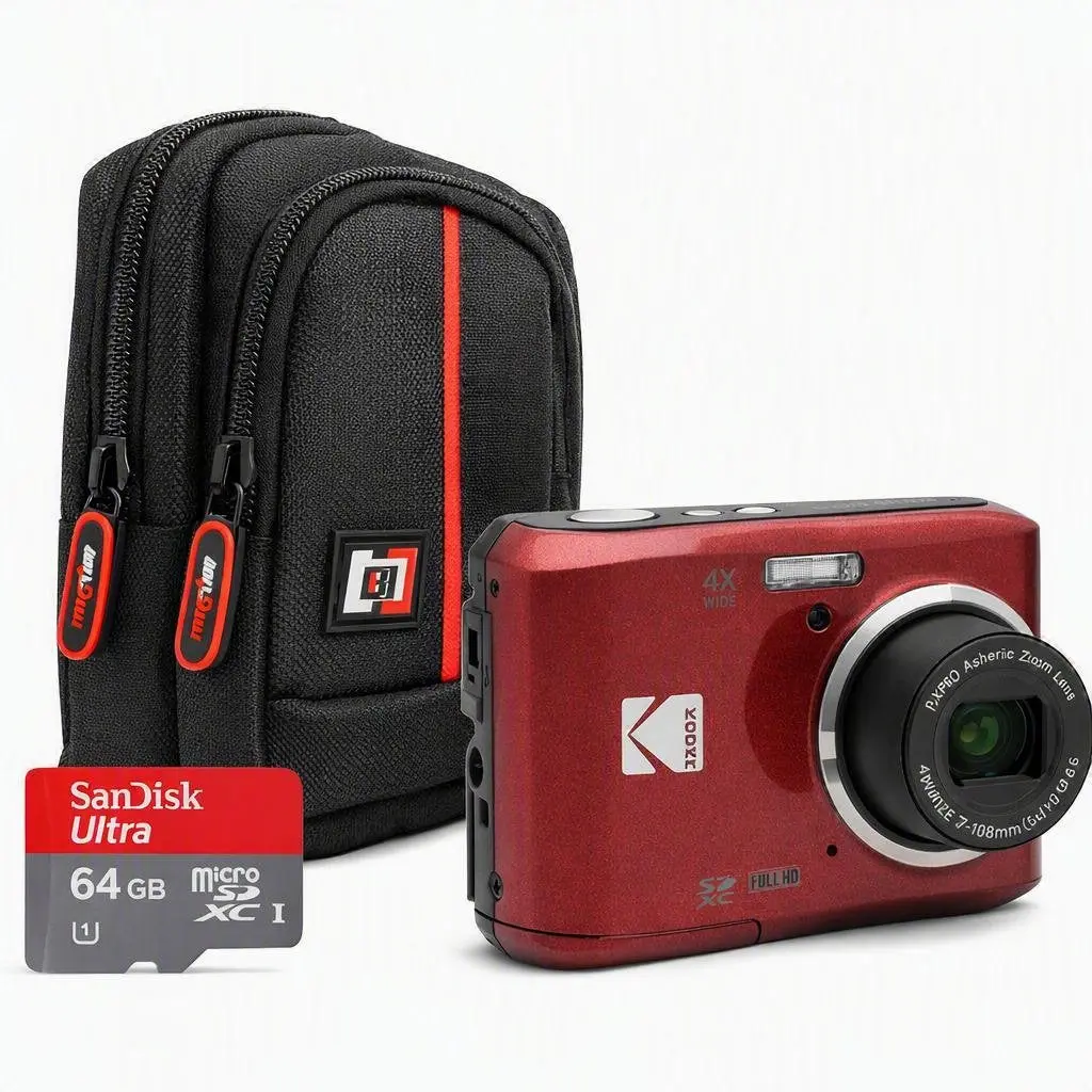 Kodak PIXPRO FZ45 16MP Beginner-Friendly Digital Camera (Red) - 4x Optical Zoom, LCD Screen, USB Port, 64GB Premium Photography Bundle with Card, Microsd Card