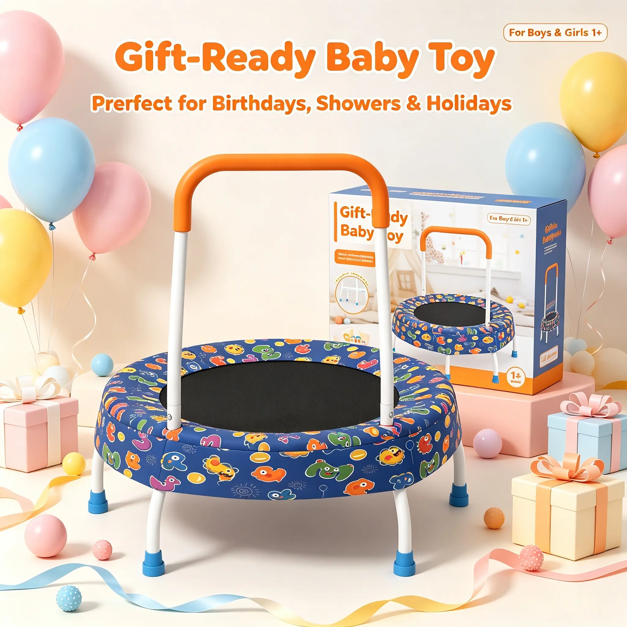 28in Adjustable Bar Sensory Toddler Mini Trampoline with Support Handrail, Safe No-Spring Fitness Trampoline for 1+ Year Olds’ Balance & Motor Skill Training, Indoor Montessori Developmental Play Equipment gift