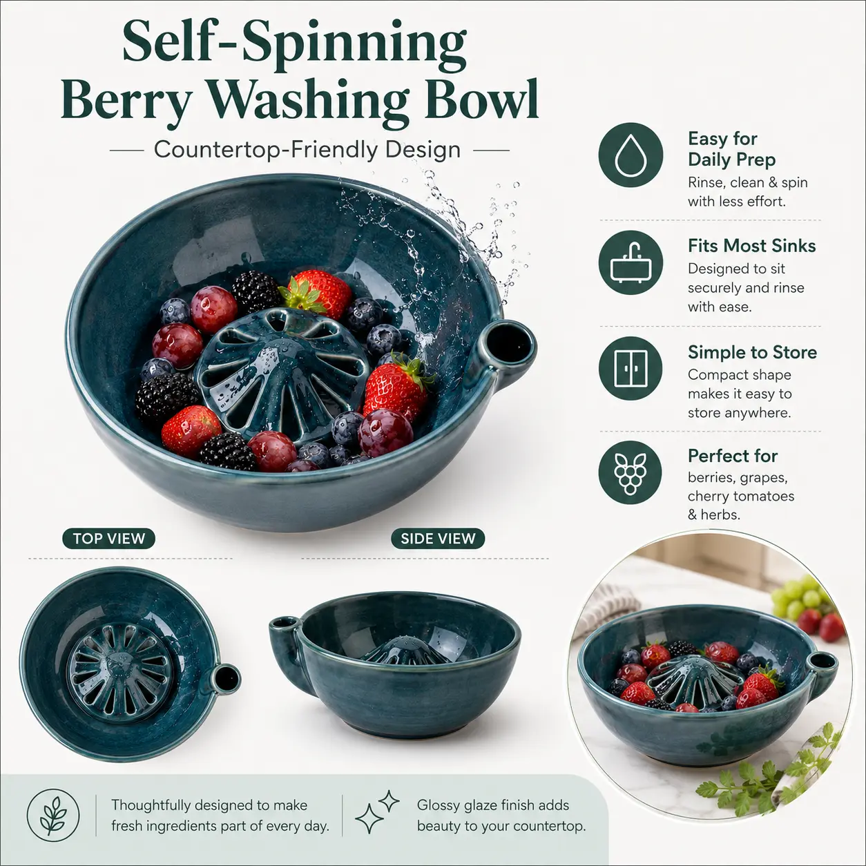 wowsome Self-Spinning Berry Washing Bowl,Glazed Ceramic Berry Bowl with Raised Center and Drainage Holes,Fruit Rinse Colander for Strawberries,Blueberries,Grapes,Cherry Tomatoes and Small Produce