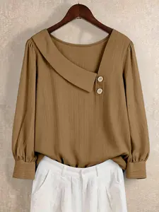 Plus Size Plain Fake Buttons Asymmetrical Neck Blouse Shirts, Casual Elegance Bishop Sleeve Top for Summer, Women's Plus Clothing for Daily Wear, Everyday, Basic