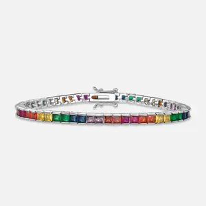 4mm Rainbow Silver Diamonds Bangle Bracelet - Sparkling Unique Design Costume Jewelry with Colorful Gems, Fashion Accessory for Daily Wear