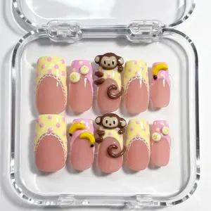 Kawaii Monkey Press On Nails | Handmade 3D Banana Nail Art | Cute Pastel Polka Dot Press On Nails | Fun Animal Inspired Nail Set
