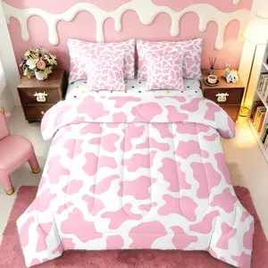 Kid Cartoon Comforter Set with Sheets | Pink Cow Print 7-Piece Bedding Set,Milk Cow Animal Cowhide Bed in a Bag,Western Animals Farmhouse Bull Cattle Kawaii Bed Sets