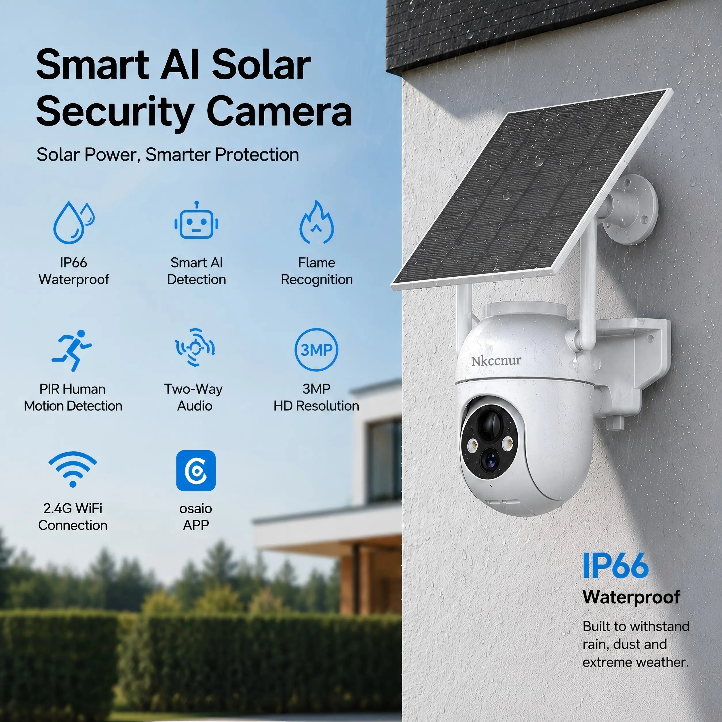 NKCCNUR 1PC Outdoor Solar-Powered Security Camera, 2.4G WiFi , 3MP HD Display,  Night Vision, Smart AI Recognition for People/Vehicles/Pets,   Two-Way Voice Intercom, IP66 Waterproof, Suitable for Home and Farm.