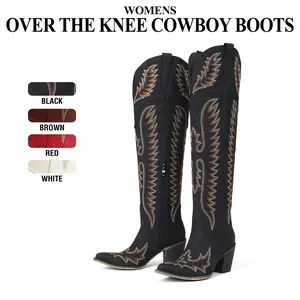 Womens Cowboy Boots Over the Knee Snip Toe Chunky Block Heels Classic Embroided Side Zipper Pull On Comfy Party Casual Riding Working Club Fall Winter Wide Calf Boot