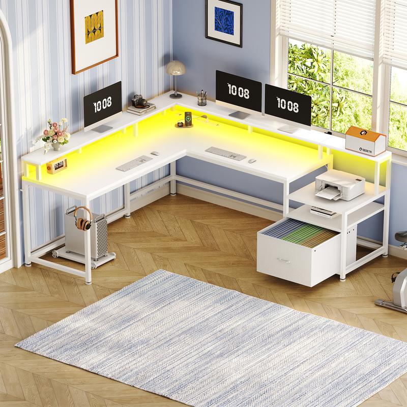 Sedeta 66-in L-Shaped Modular Gaming Desk - Durable Wood & Metal Convertible 2-Person Office Furniture, 96.4-in Monitor Riser, Dual Drawers, Sturdy Base, Assembly Required, for Home Office, Gaming Hub, Room Decor, Desk Accessories Compatible