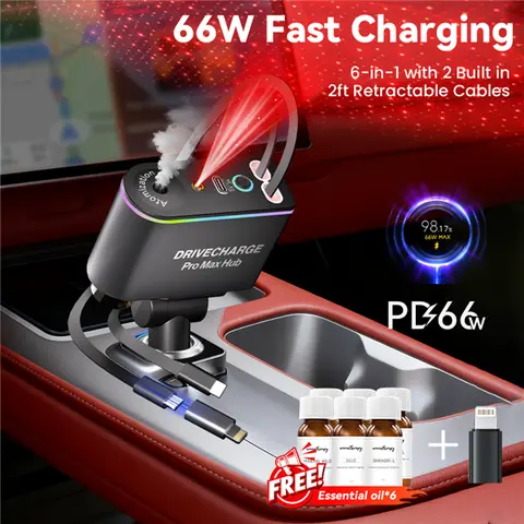 66W PD Fast Charging Compact Smart Car Charger Adapter - 2.3ft Retractable Flexible Type-C & Lightning, 6-in-1 Hidden Design, Aromatherapy Diffuser, Starlight Mood Light for iPhone 17, USB-C Compatible Galaxy Pixel Car Electronics Accessories