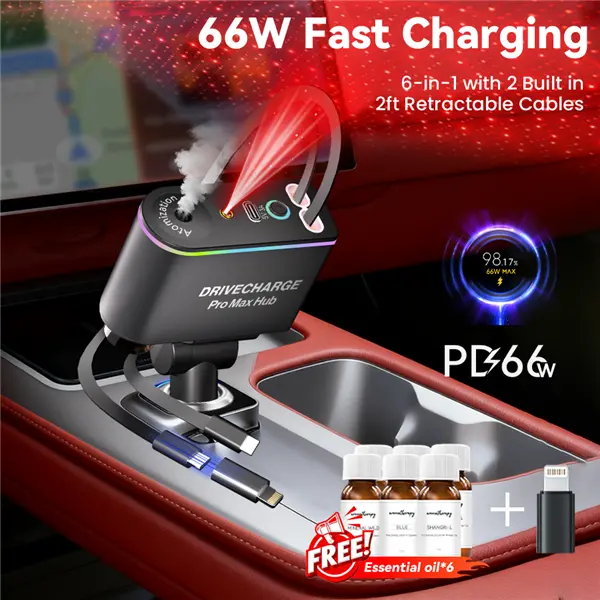 66W PD Fast Charging Compact Smart Car Charger Adapter - 2.3ft Retractable Flexible Type-C & Lightning, 6-in-1 Hidden Design, Aromatherapy Diffuser, Starlight Mood Light for iPhone 17, USB-C Compatible Galaxy Pixel Car Electronics Accessories