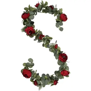2 Pack Burgundy Artificial Flower Garland 6.2ft/Piece Vintage Eucalyptus Rose Garland with Fake Peonies Silk Fake Floral Vines for Wedding Arch Home Table Mantle Party Backdrop Decor (Burgundy)