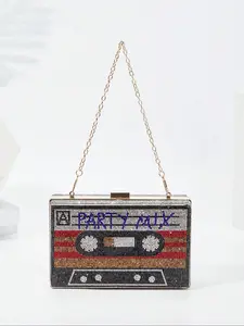 Rhinestone Decor Cassette Tape Design Bling Evening Bag, Fashionable Letter Pattern Handbag for Party, Trendy All-match & Exquisite Elegant Chain Strap Clutch Bag for Birthday Gift, Embellished Clutch, Evening Clutch Purse