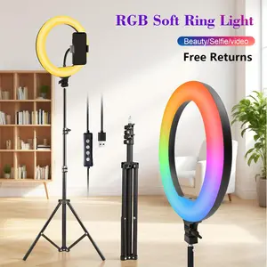 10 inch Ring Light with Tripod& Phone Holder Tall 43.3”, 30 Color Modes for Phone Stands for Live Streaming/Makeup/TikTok Video Conferencing  RGB Color Mode #RGB Selfie Set #Video Lighting#SummerWins#FathersDayGift