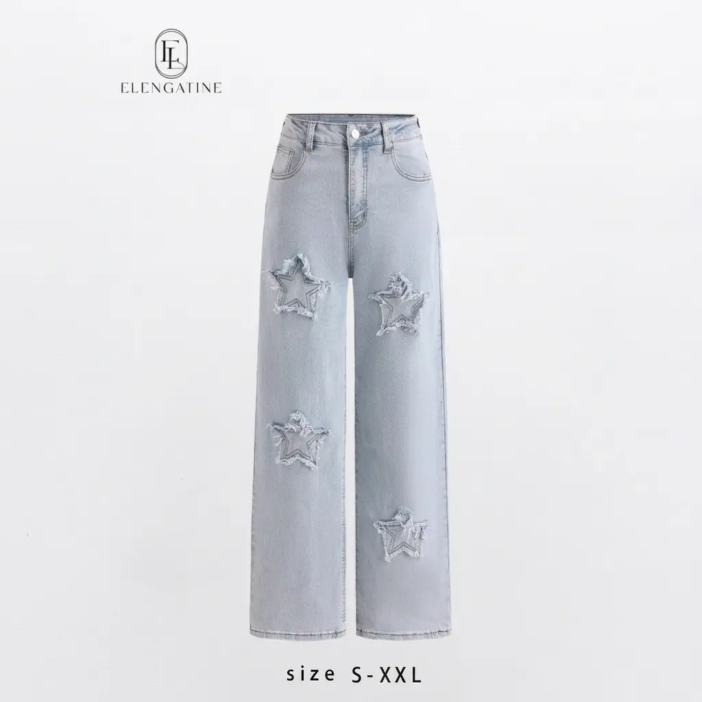 Elengatine Viral Star Patch Baggy Jeans for Women | Y2K High-Waisted Wide Leg Denim Pants | Distressed Star Detail, Streetwear Aesthetic | Loose Fit, Trendy & Comfortable | Perfect for Spring Summer Outfits, Daily Wear, Hip Hop Style & TikTok Trends