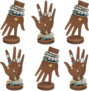 MOOCA 6-Piece Wooden Hand Form Jewelry Display Set - 2-Way Design for Wall Hanging or Standalone Mannequin Finger Hand Display, Brown Color