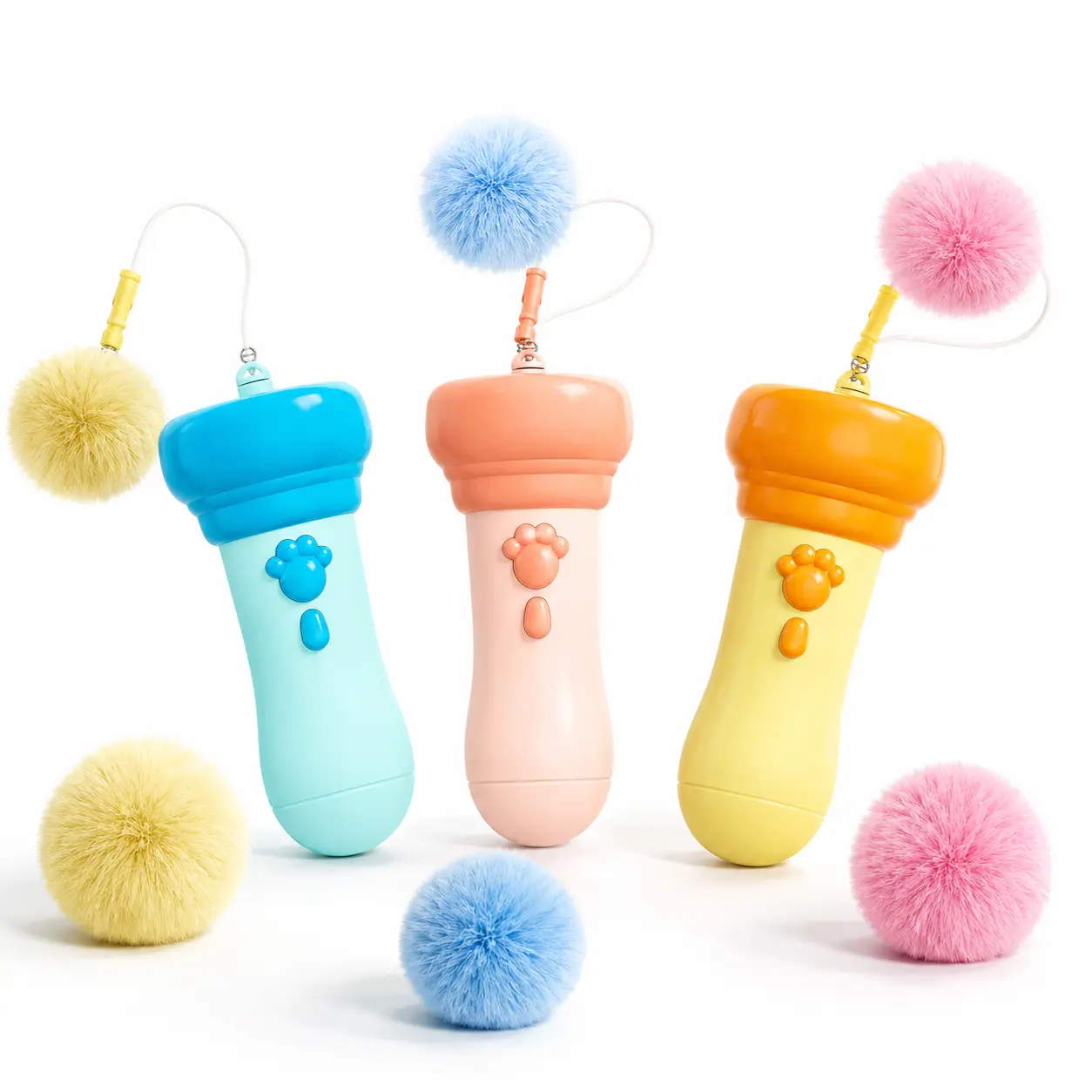 Automatic Retractable Electric Cat Teaser Wand, Hands Free Interactive Fluffy Pom Pom Toy, Replaceable Soft Fur Ball Stress Relief Play Toy for Indoor Kittens & Adult Cats