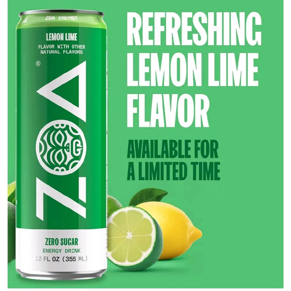 Zoa 0 Sugar Sports Energy Drink Beverage, Lemon Lime Flavor, 12oz Cans (12-Pack) with Electrolytes, B Vitamins, C Vitamins, Amino Acids, Camu Camu