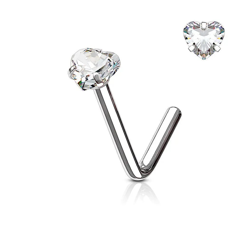 Heart CZ Prong Set Nose Stud – 20G & 18G 316L Surgical Steel L-Bend Nose Ring