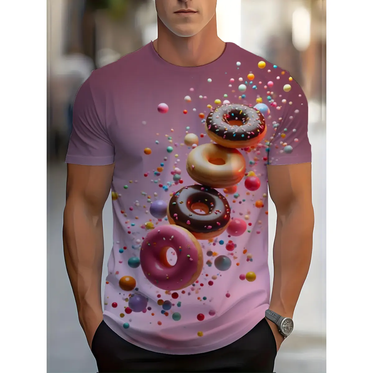 Men's 3D Printing Polyester Round Neck Short-Sleeve T-Shirt - Menswear, Casual Summer Top, Colorful Block Pattern Candy & Confetti Graphic Blush Pink Gradient Tee