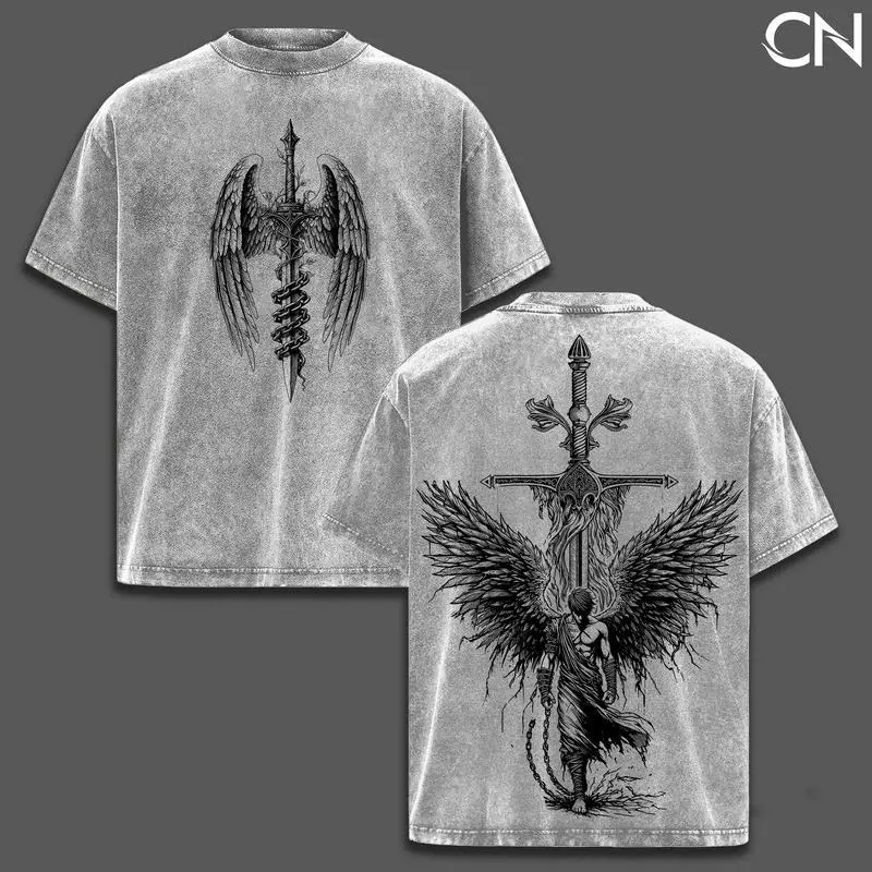 Fallen Angel Acid Wash T-shirt Angel Dark Aesthetic Graphic Tee Unisex Alternative Streetwear Clothing featuring a powerful and emotionally charged design Pump Cover Men