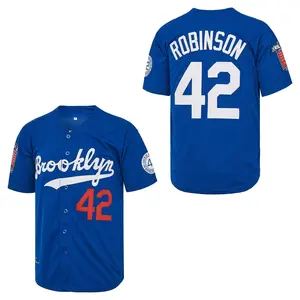 Mens Br00klyn 42 R0b1ns0n Baseball Jersey – Legend Vintage with Embroidered Patches, HipHop, Blue, Perfect Gift for Any Occasion