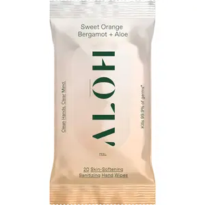 ALOH Sweet Orange Bergamot and Aloe Skin Softening Hand Sanitizing Wipes, Moisturizing, Antibacterial, Travel Friendly, Biodegradable, Cruelty Free Pure Essential Oils Calming