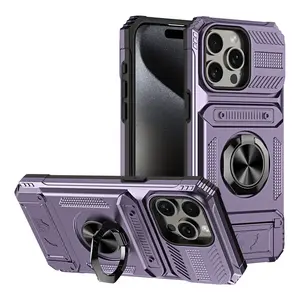Case For iPhone 17 Pro Max 13 14 16 15 17 Pro Max 14 15 16 Plus Card Holder Magnetic Rotated Ring Kickstand Layer Heavy Shockproof Wallet Covers