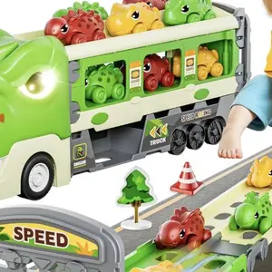 Dinosaur Truck Toys Princess car Unicorn car for Birthday Gift Idea, 2 Player Race Mode, transport carrier truck toddler Toys for Kids, 63 Inch Foldable Race Tyrannosaurus Track with 6 Dino Cars & 6 Die-cast Cars Durable Safety, kids christmas gifts Dirt